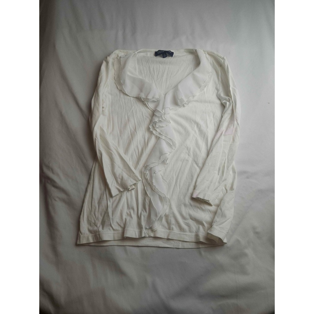Jones New York Signature White Ruffle V-Neck 3/4 Sleeve Knit Top Large